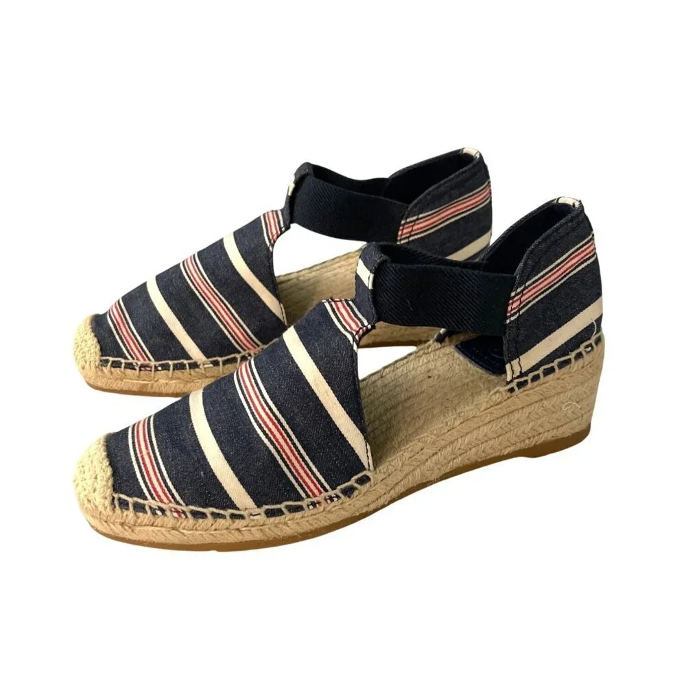 NEW Tory Burch Catalina Navy & Red Striped Denim Espadrille Wedge Sandals 7.5